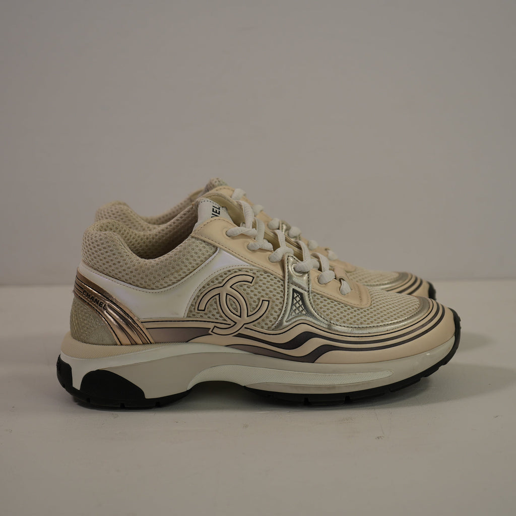Chanel Fabric Laminated Calfskin Stretch CC Sneakers Runner 36 1/2 Full Set