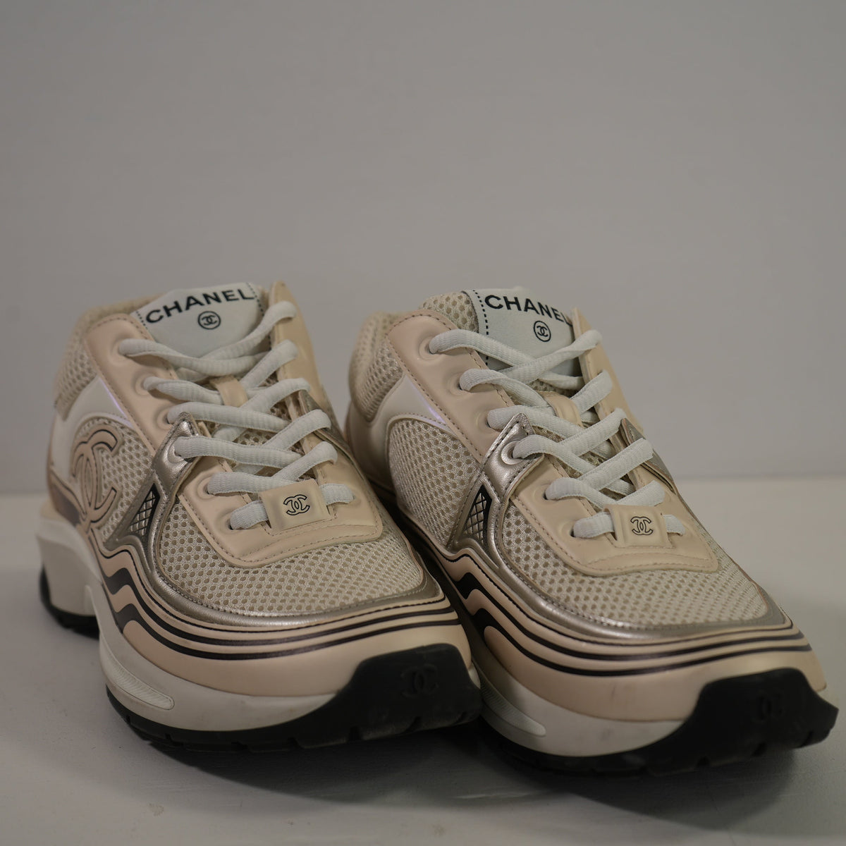 Chanel Fabric Laminated Calfskin Stretch CC Sneakers Runner 36 1/2 Full Set