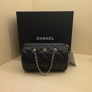 Chanel Black Quited Caviar Barrel Clutch W/Chain Full Set