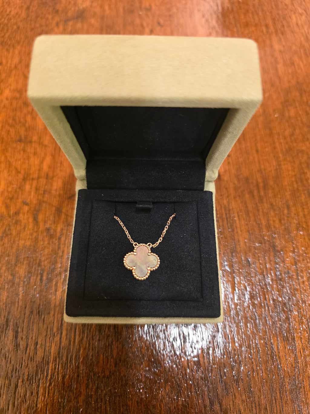 Van Cleef Vintage Alhambra Grey Mother Of Pearl Rose Gold Pendant Full Set