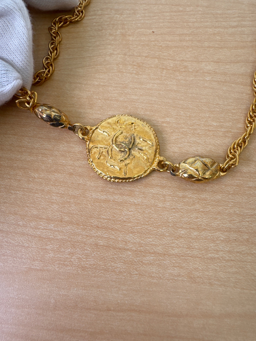 Japan Exclusive - Vintage Chanel Gold Coin Motif Long Necklace with Twisted Rope Chain CC Logo Medallion