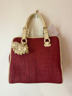 Celine Red/Cream Square Wicker Handbag W/ Rose Keychain