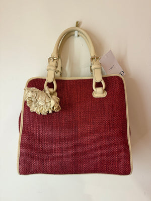 Celine Red/Cream Square Wicker Handbag W/ Rose Keychain