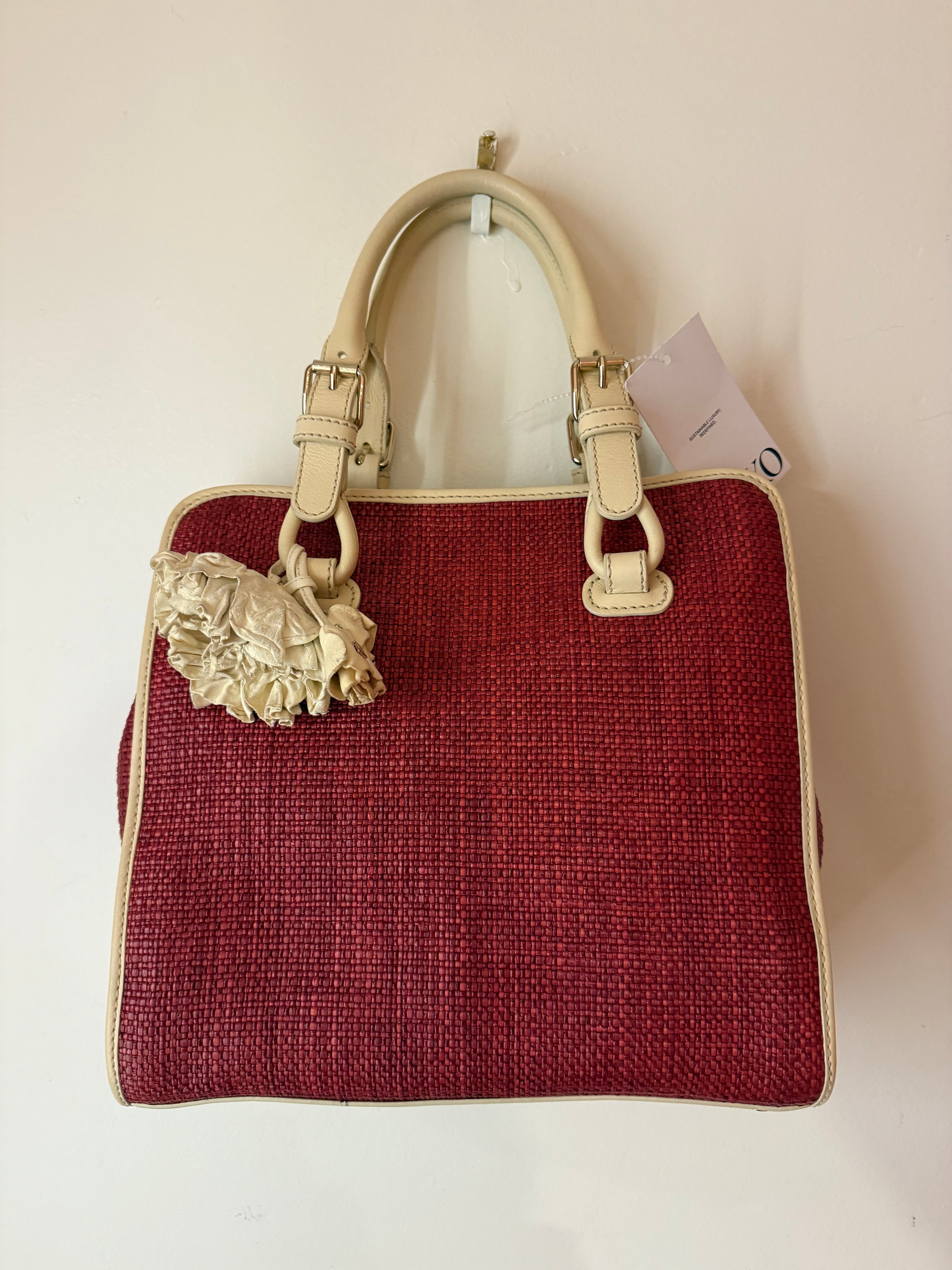 Celine Red/Cream Square Wicker Handbag W/ Rose Keychain