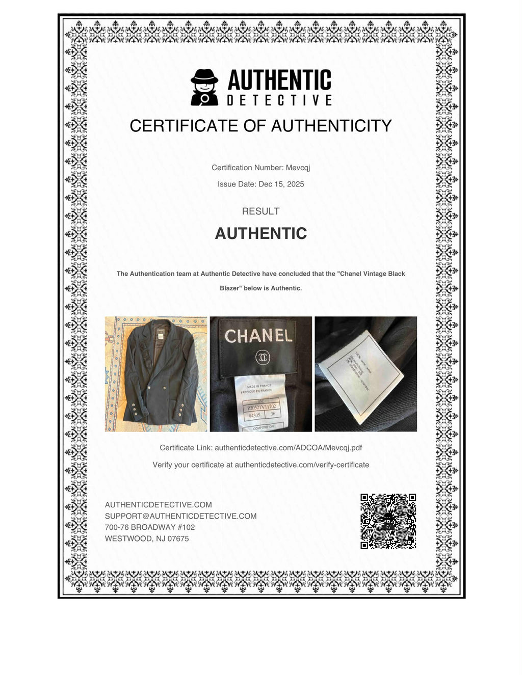 Vintage Chanel Black Wool Blend Camellia Flower Pin Blazer Jacket Size 36