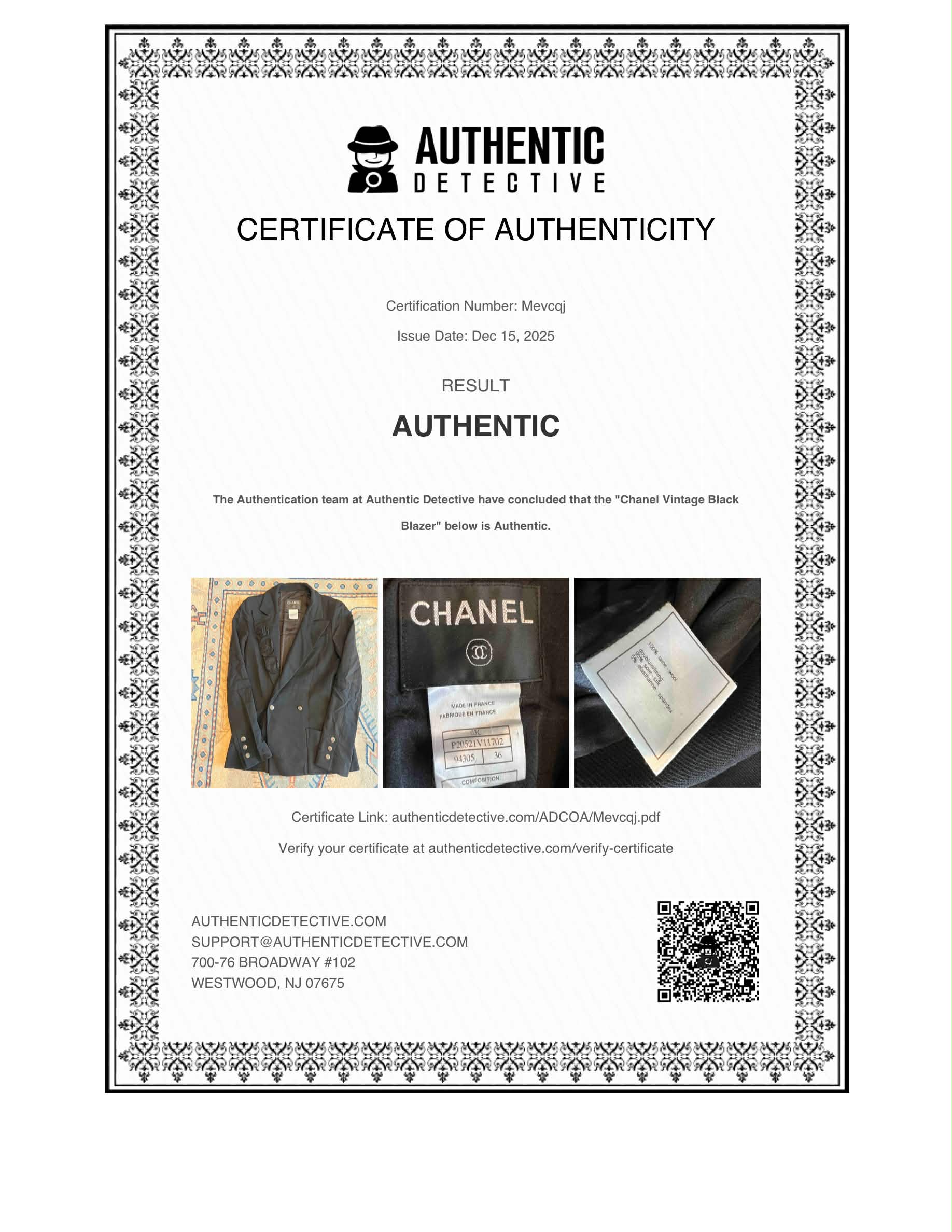 Vintage Chanel Black Wool Blend Camellia Flower Pin Blazer Jacket Size 36