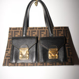 Vintage Fendi Zucca Canvas Leather Handbag Brown Black