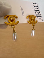 Japan Exclusive - Chanel CC Turn Lock Faux Pearl Drop Swing Earrings