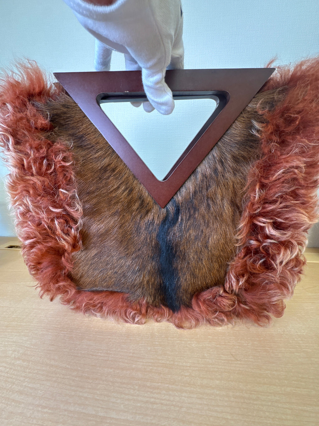 Japan Exclusive - Fendi Brown Rust Orange Fur Handbag Wooden Triangle Handle