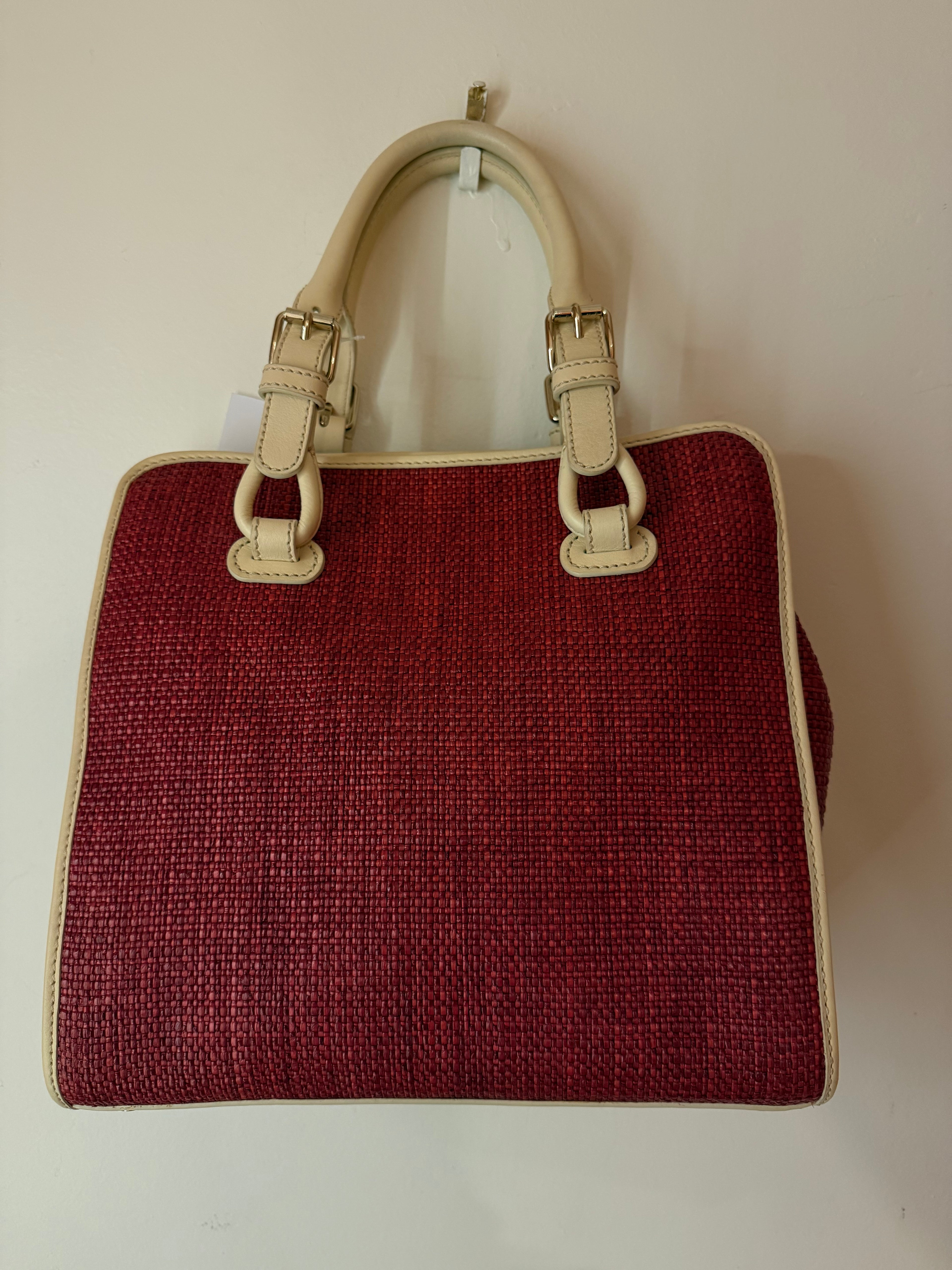 Celine Red/Cream Square Wicker Handbag W/ Rose Keychain