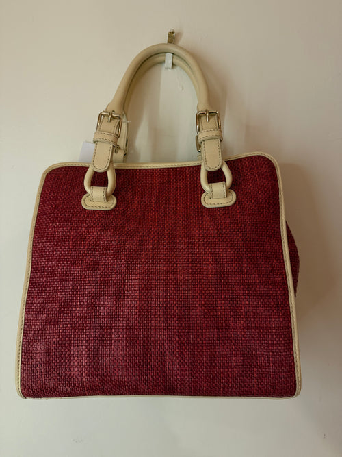 Celine Red/Cream Square Wicker Handbag W/ Rose Keychain