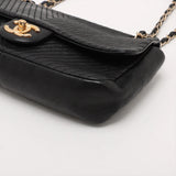 Chanel Chevron Lambskin Single Flap Double Chain Bag V Stitch Black Gold Metal Fittings