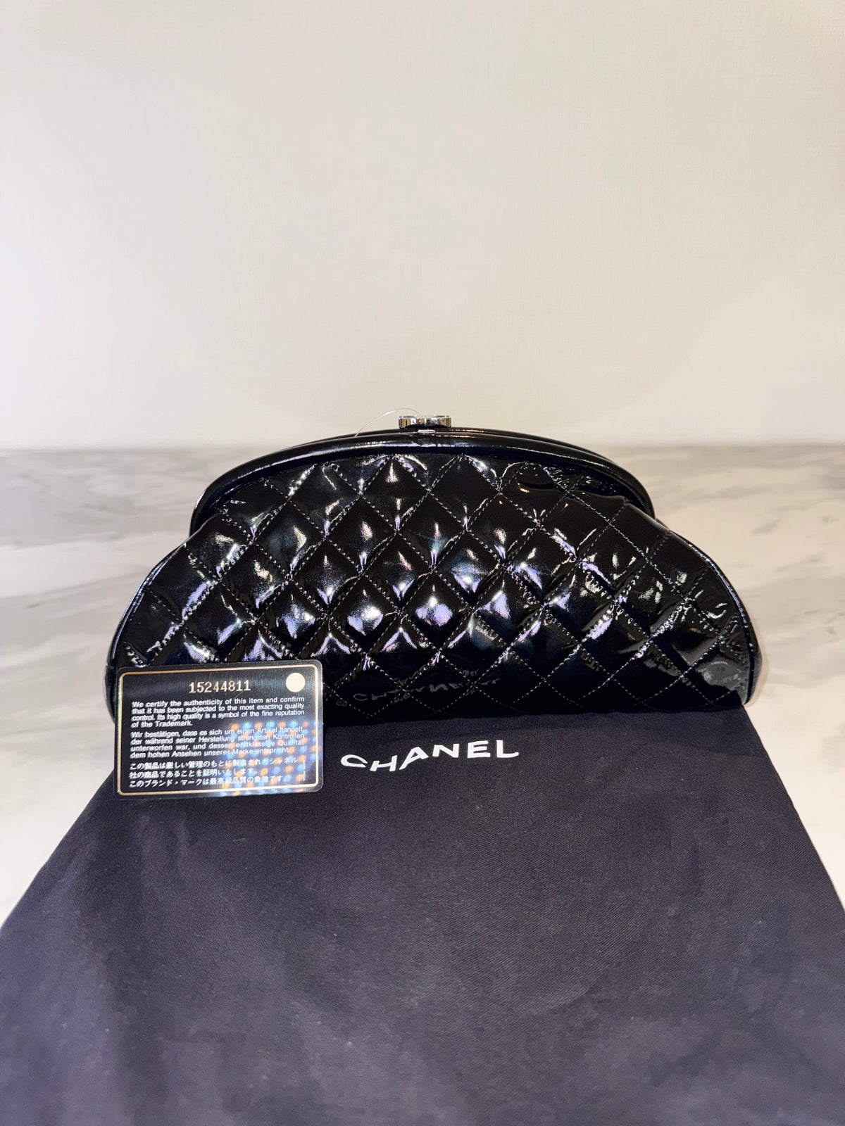 Japan Exclusive - Chanel Black Quilted Patent Clutch Half Moon Bag with Dust Bag and Card