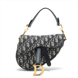 Christian Dior Oblique Saddle Canvas & Leather Hand Bag Navy Blue