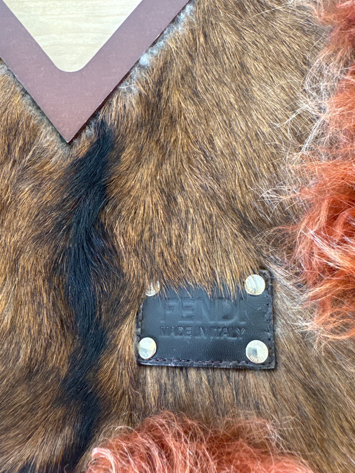 Japan Exclusive - Fendi Brown Rust Orange Fur Handbag Wooden Triangle Handle