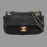 Chanel Chevron Lambskin Single Flap Double Chain Bag V Stitch Black Gold Metal Fittings