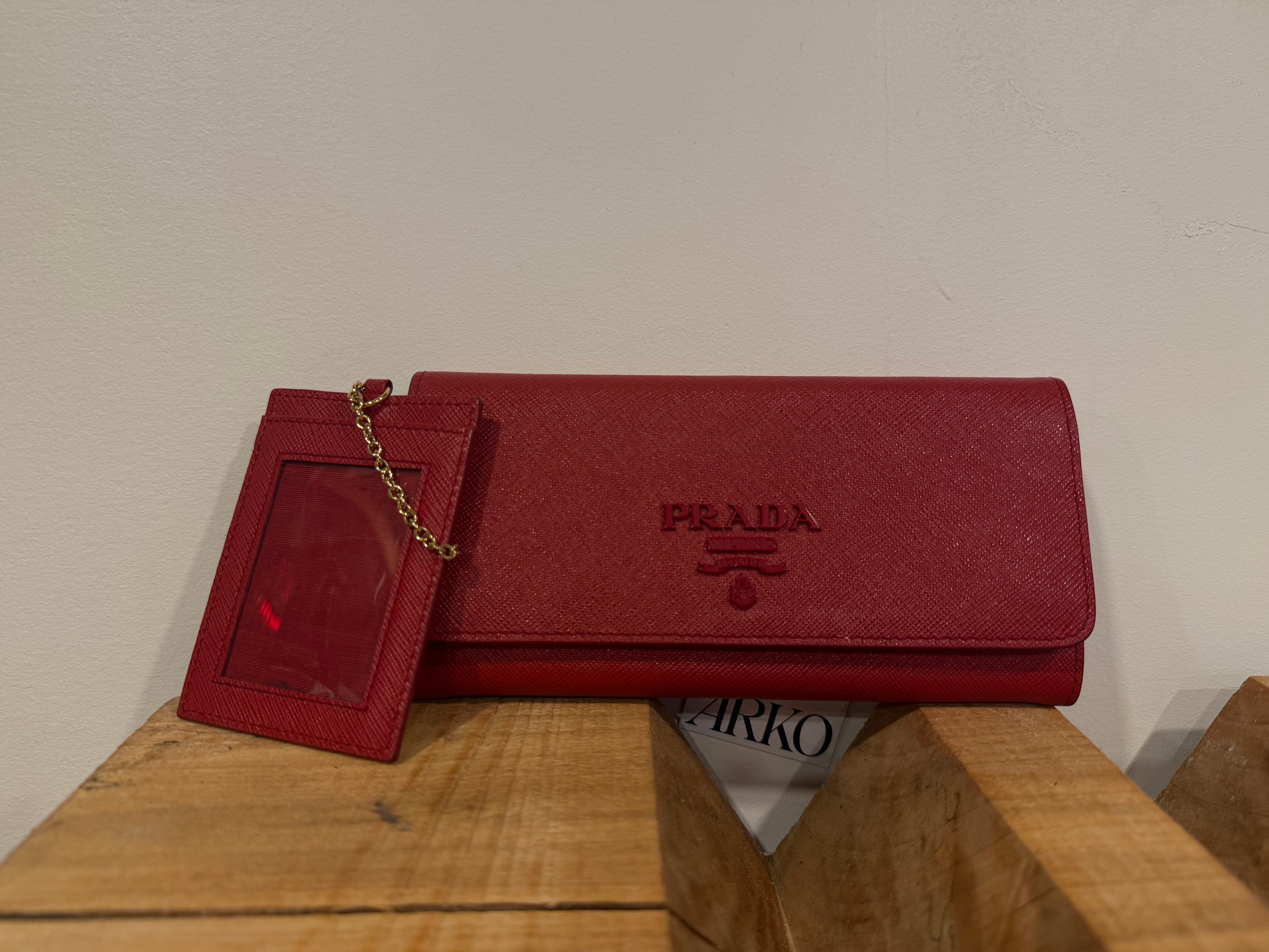 Prada Red Leather Wallet W/ ID Holder
