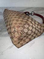 Japan Exclusive: Vintage Gucci GG Supreme Monogram Canvas Hobo Shoulder Bag – Beige/Ebony with Red Leather Trim