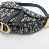 Christian Dior Oblique Saddle Canvas & Leather Hand Bag Navy Blue