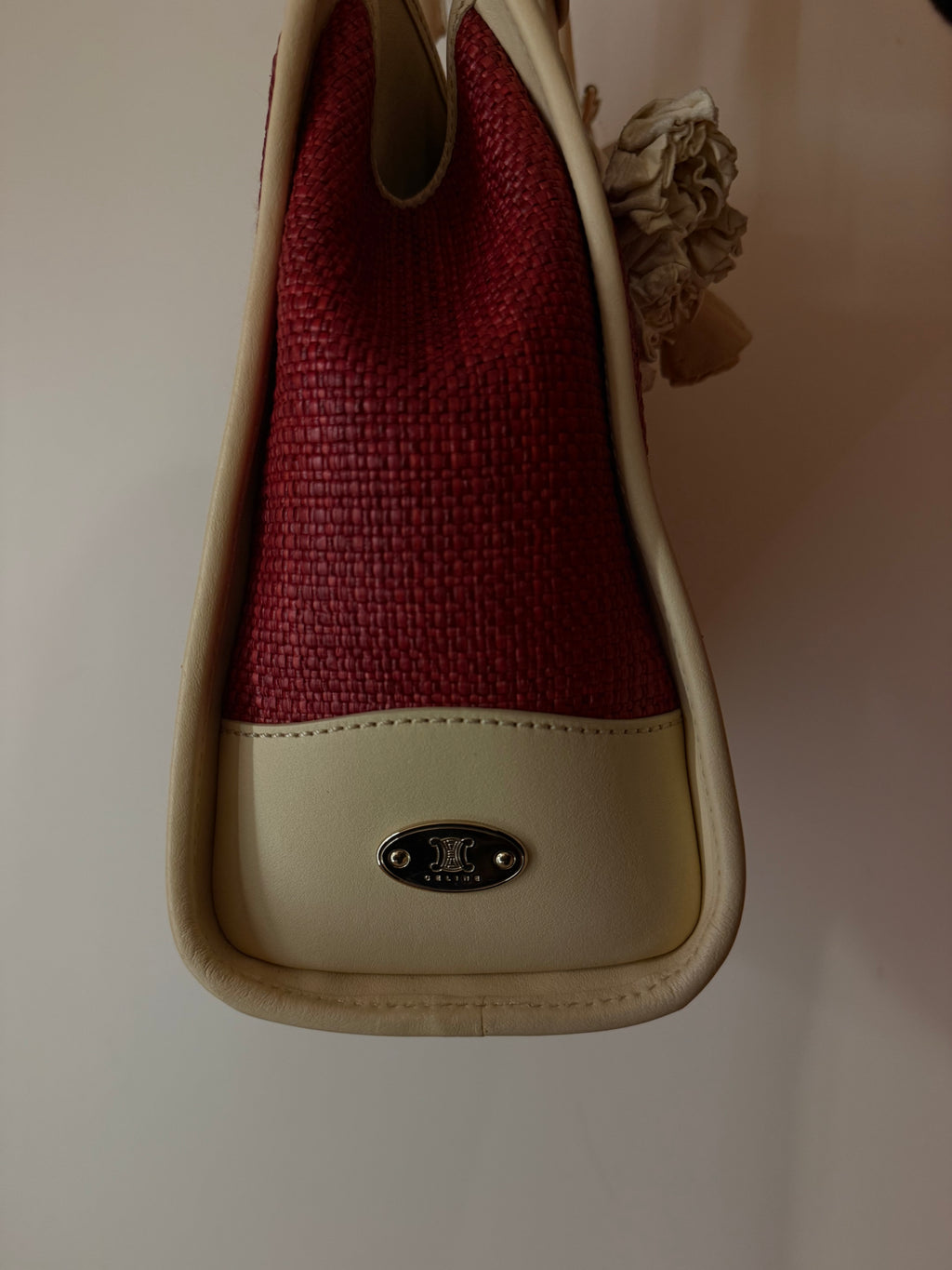 Celine Red/Cream Square Wicker Handbag W/ Rose Keychain