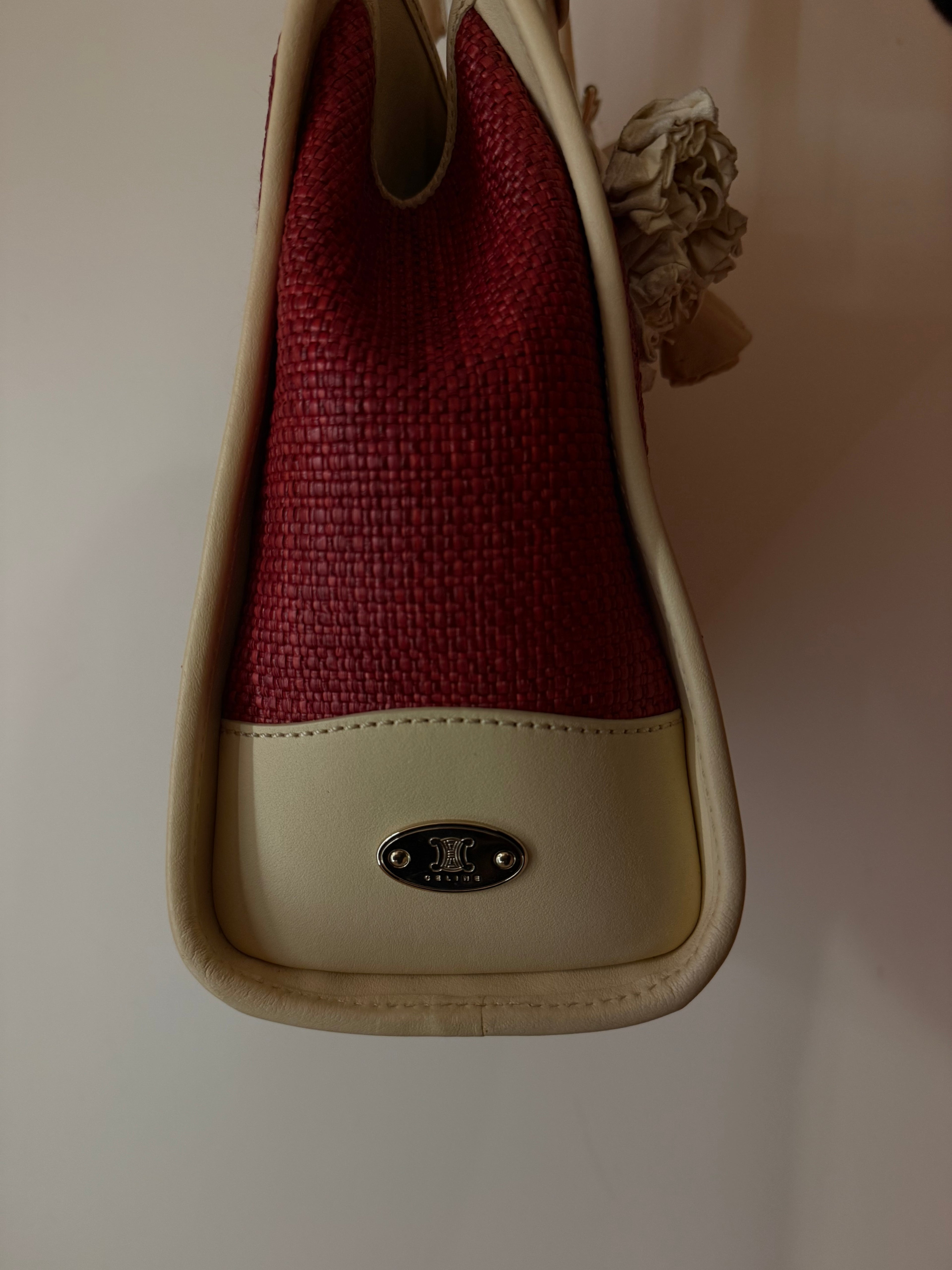 Celine Red/Cream Square Wicker Handbag W/ Rose Keychain