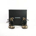 Chanel strappy Stiletto Heels featuring a tulle camellia flower in black patent leather (Full Set)