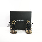 Chanel strappy Stiletto Heels featuring a tulle camellia flower in black patent leather (Full Set)