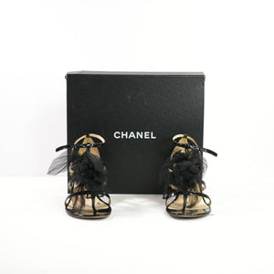 Chanel strappy Stiletto Heels featuring a tulle camellia flower in black patent leather (Full Set)