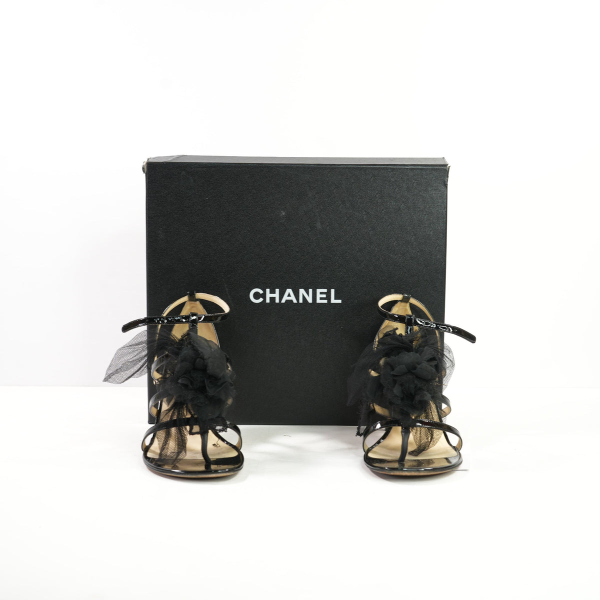 Chanel strappy Stiletto Heels featuring a tulle camellia flower in black patent leather (Full Set)