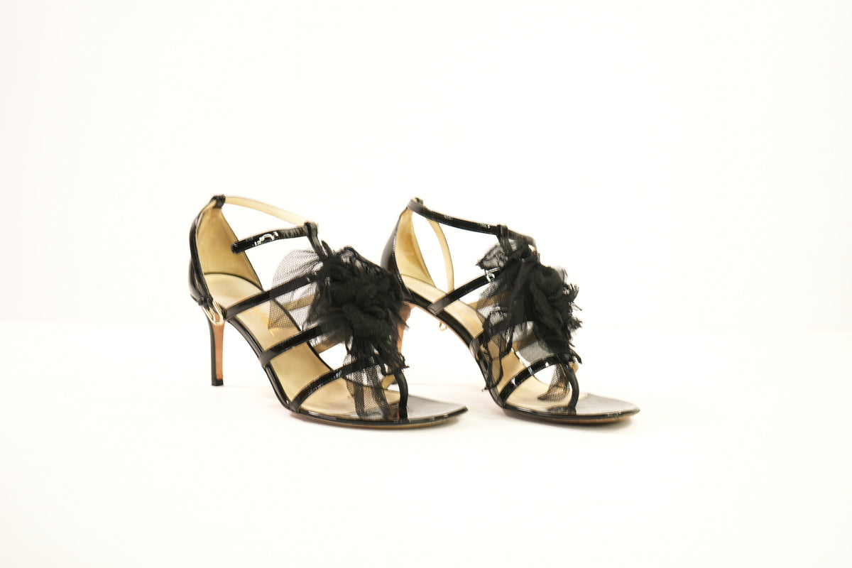 Chanel strappy Stiletto Heels featuring a tulle camellia flower in black patent leather (Full Set)