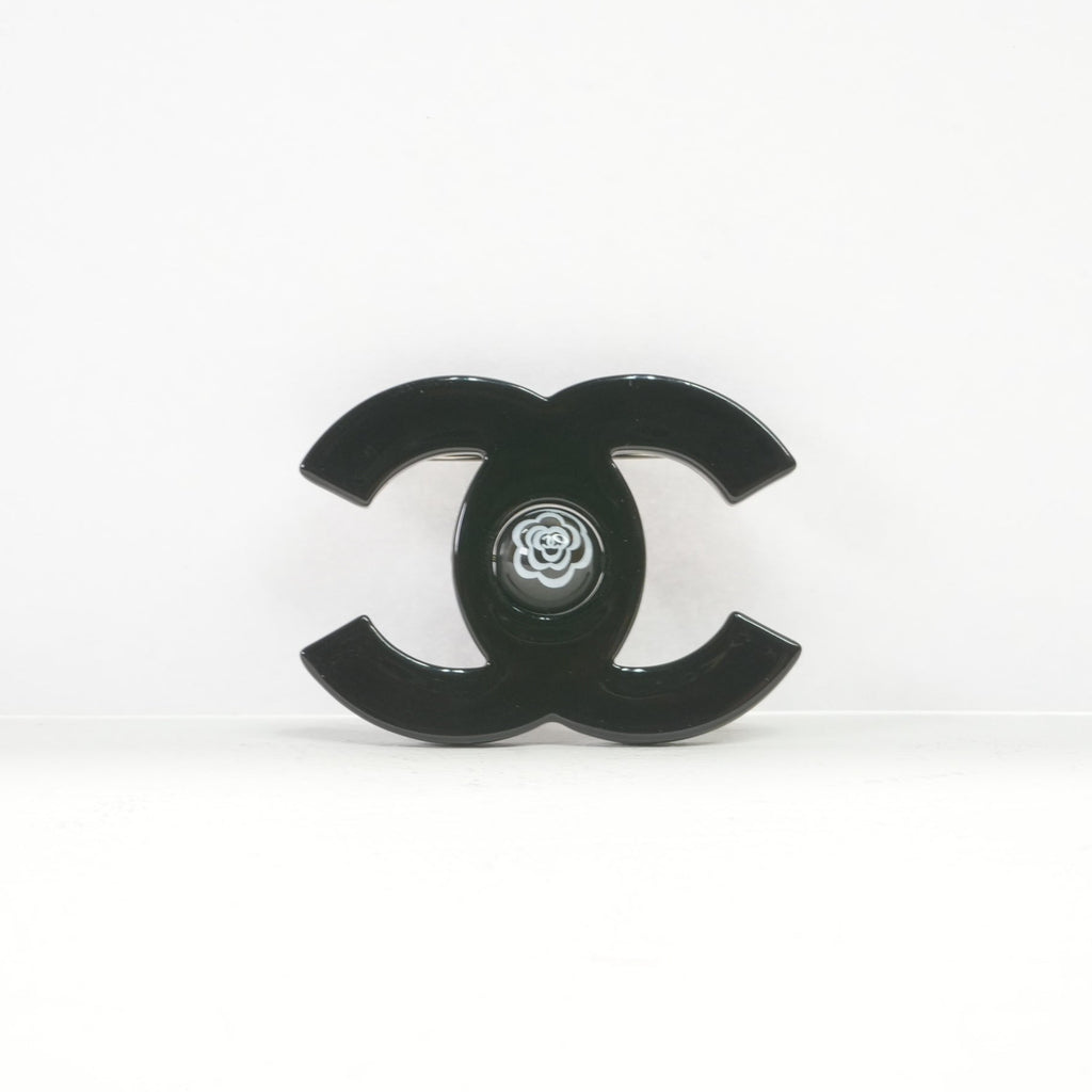 Chanel CC Logo Brooch in Black Metal with Rolling Ball in Middle (Full Set)