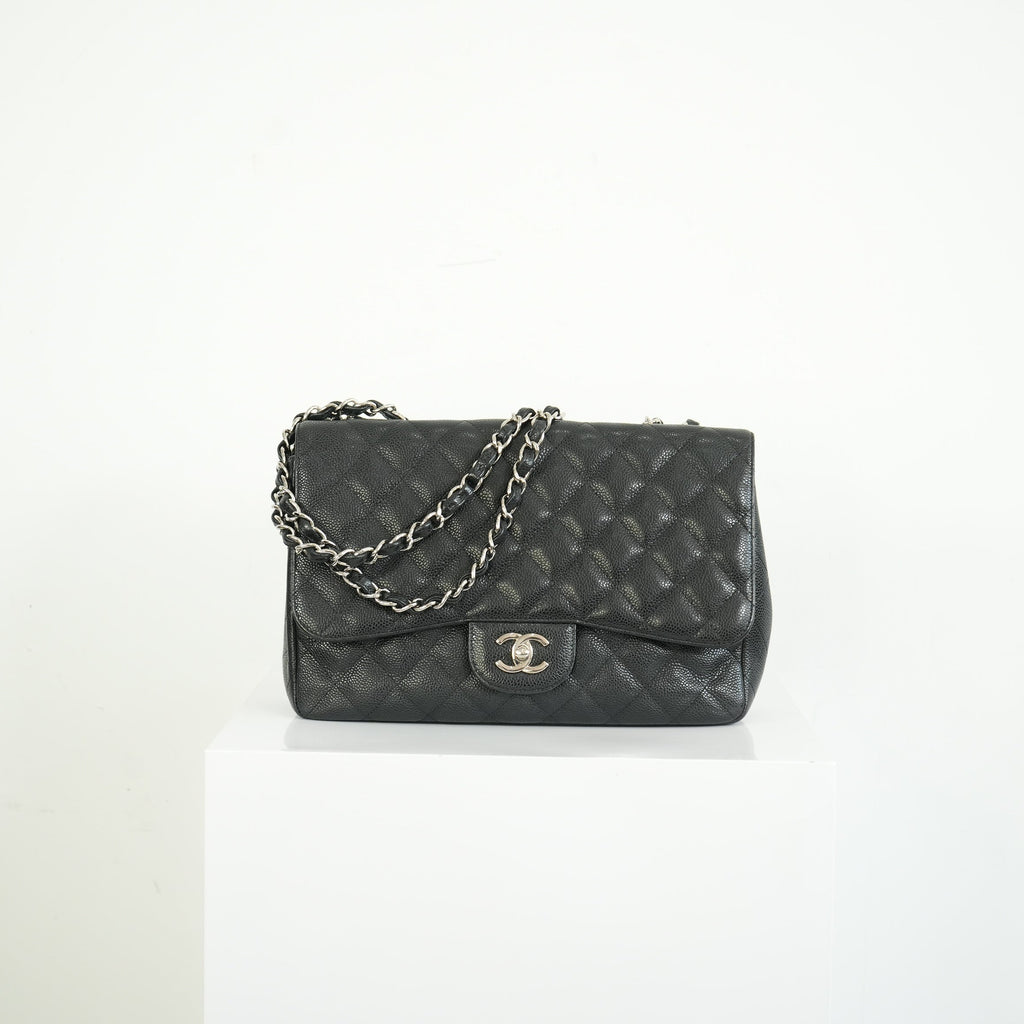 Chanel Classic Black Quilted Caviar Leather Jumbo Flap
