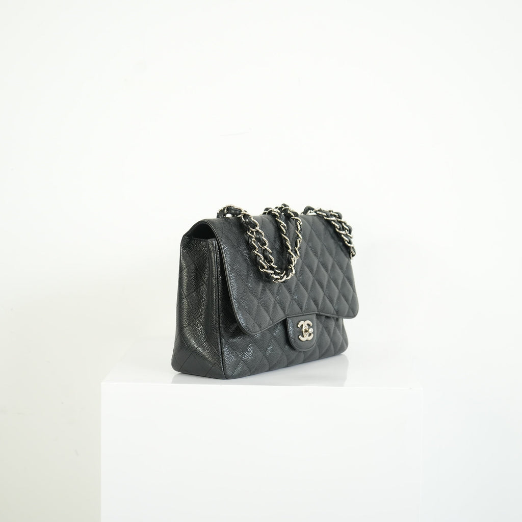 Chanel Classic Black Quilted Caviar Leather Jumbo Flap