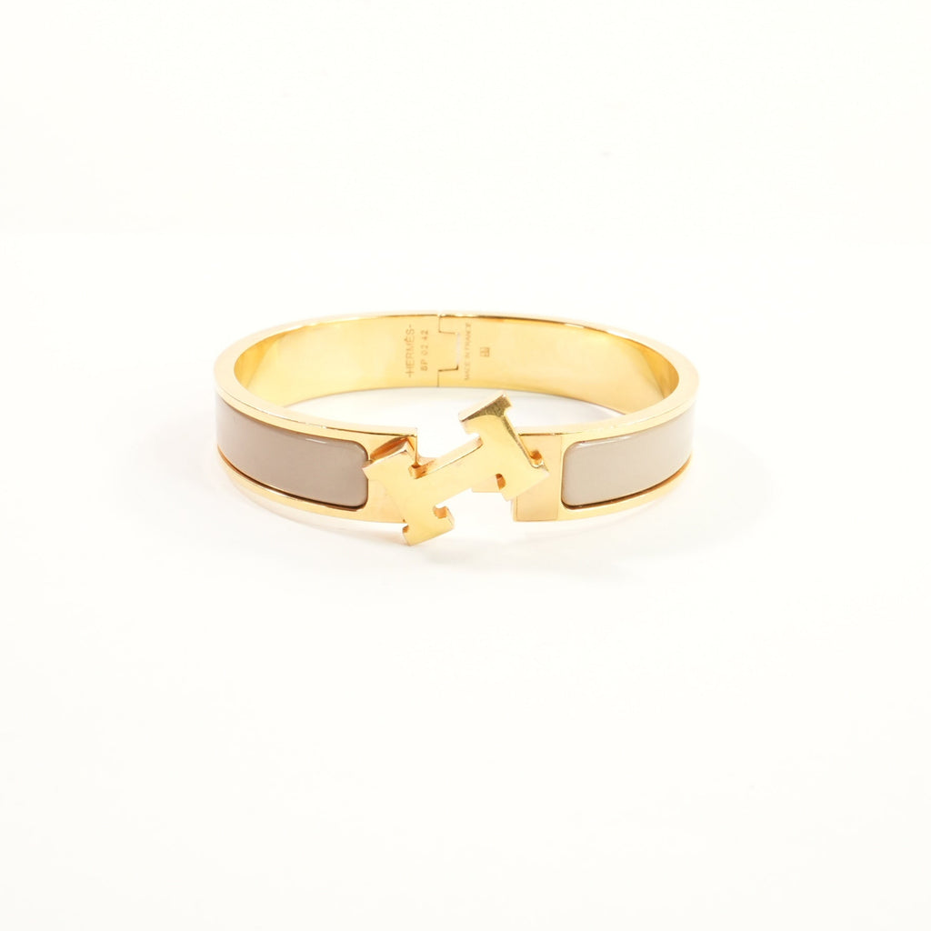 Hermes Clic H Creme/Gold Tone Enamel Hinged Bracelet Full Set