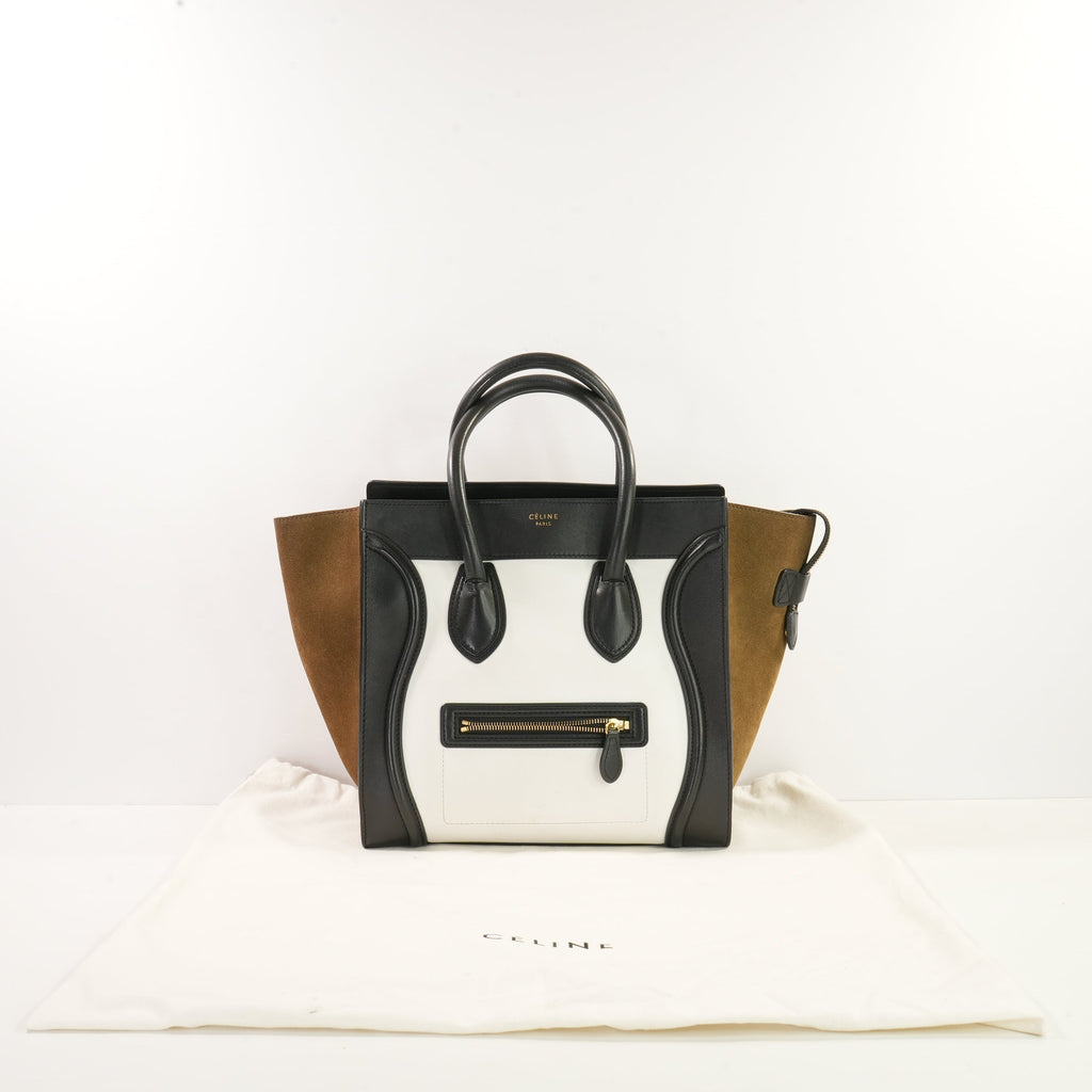 Celine Bi-Color Black, Brown & White Micro Luggage Tote W/Dustbag