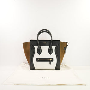 Celine Bi-Color Black, Brown & White Micro Luggage Tote W/Dustbag