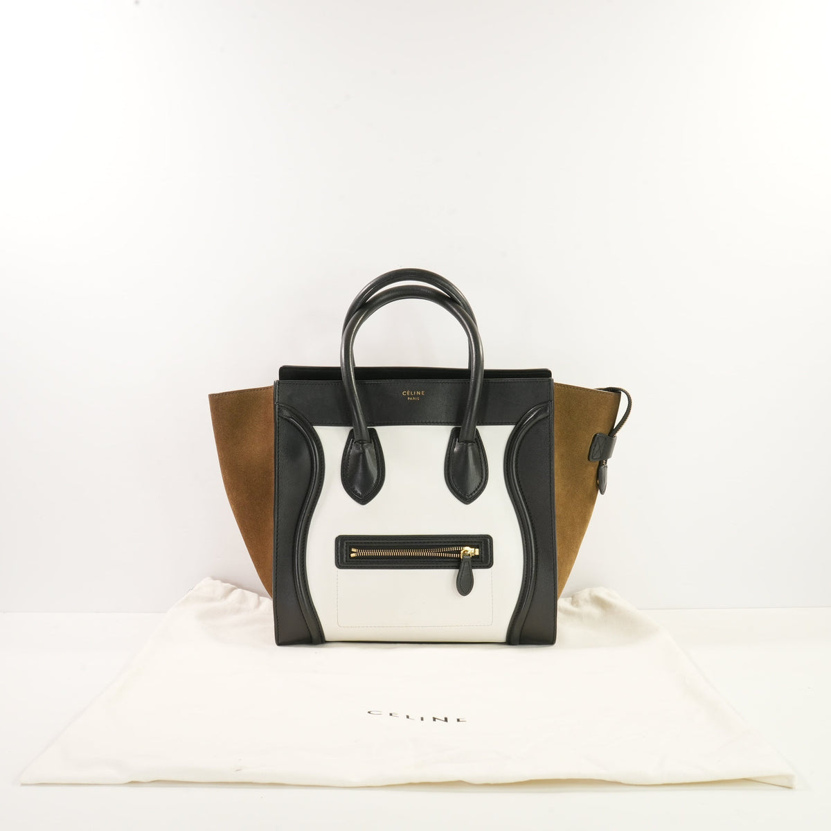Celine Bi-Color Black, Brown & White Micro Luggage Tote W/Dustbag