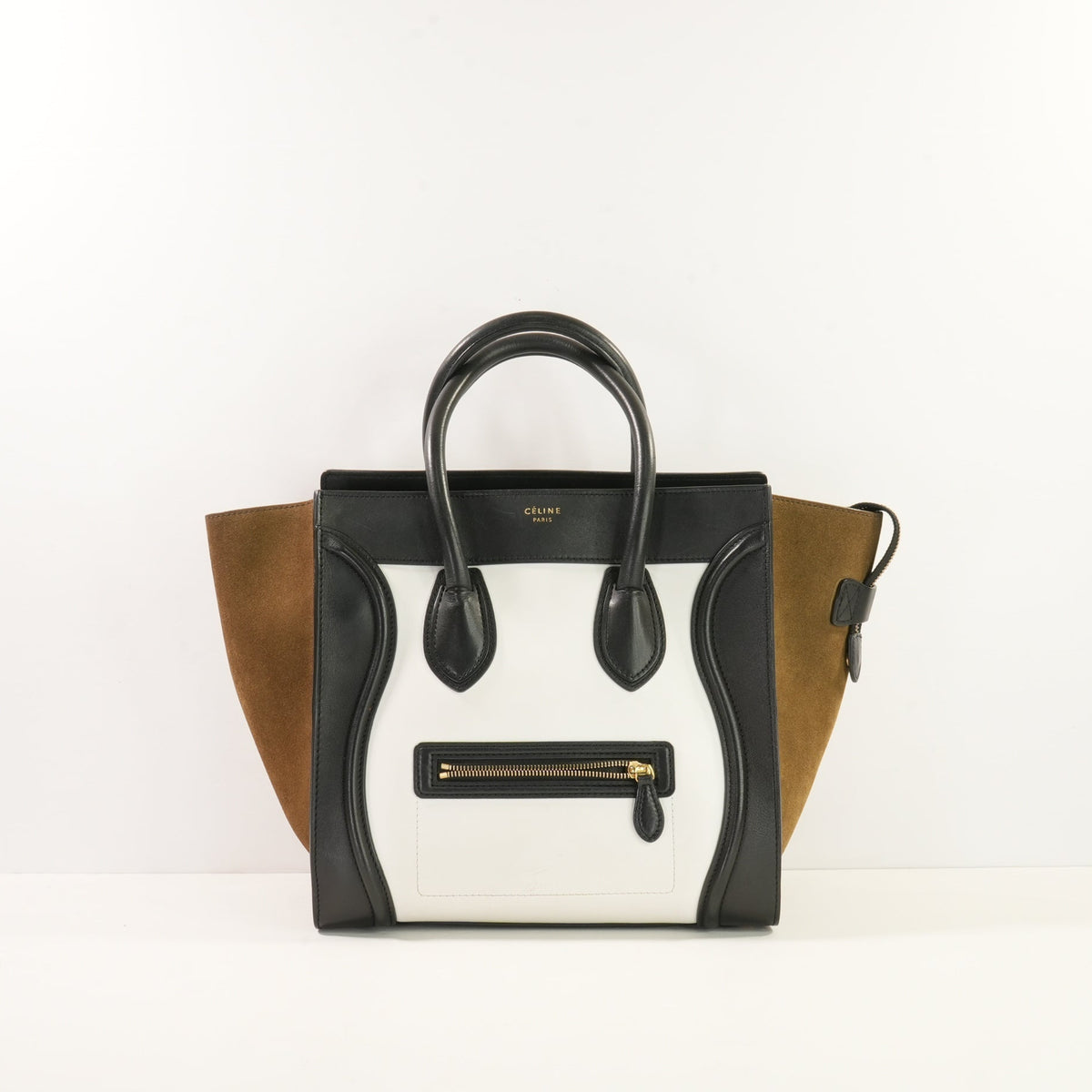 Celine Bi-Color Black, Brown & White Micro Luggage Tote W/Dustbag