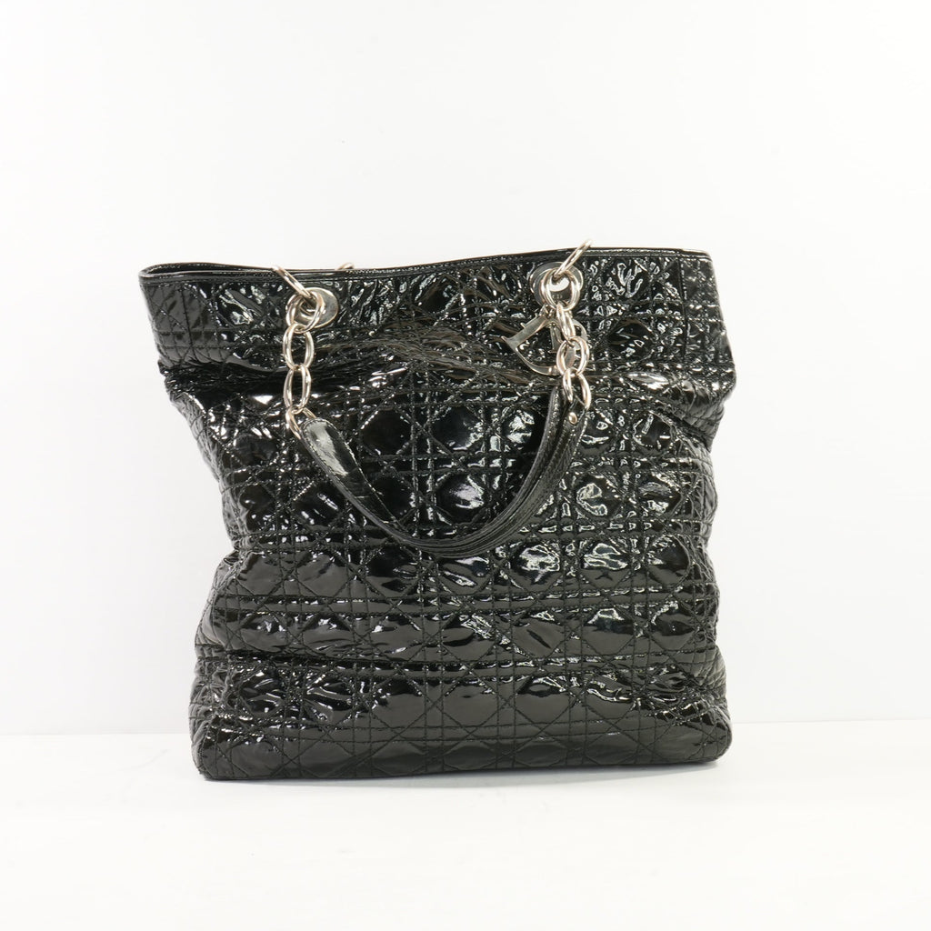 Christian Dior Black Patent Cannage Lady Dior Soft Shopping Tote Bag w/ Silver Hardware