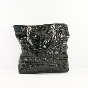 Christian Dior Black Patent Cannage Lady Dior Soft Shopping Tote Bag w/ Silver Hardware