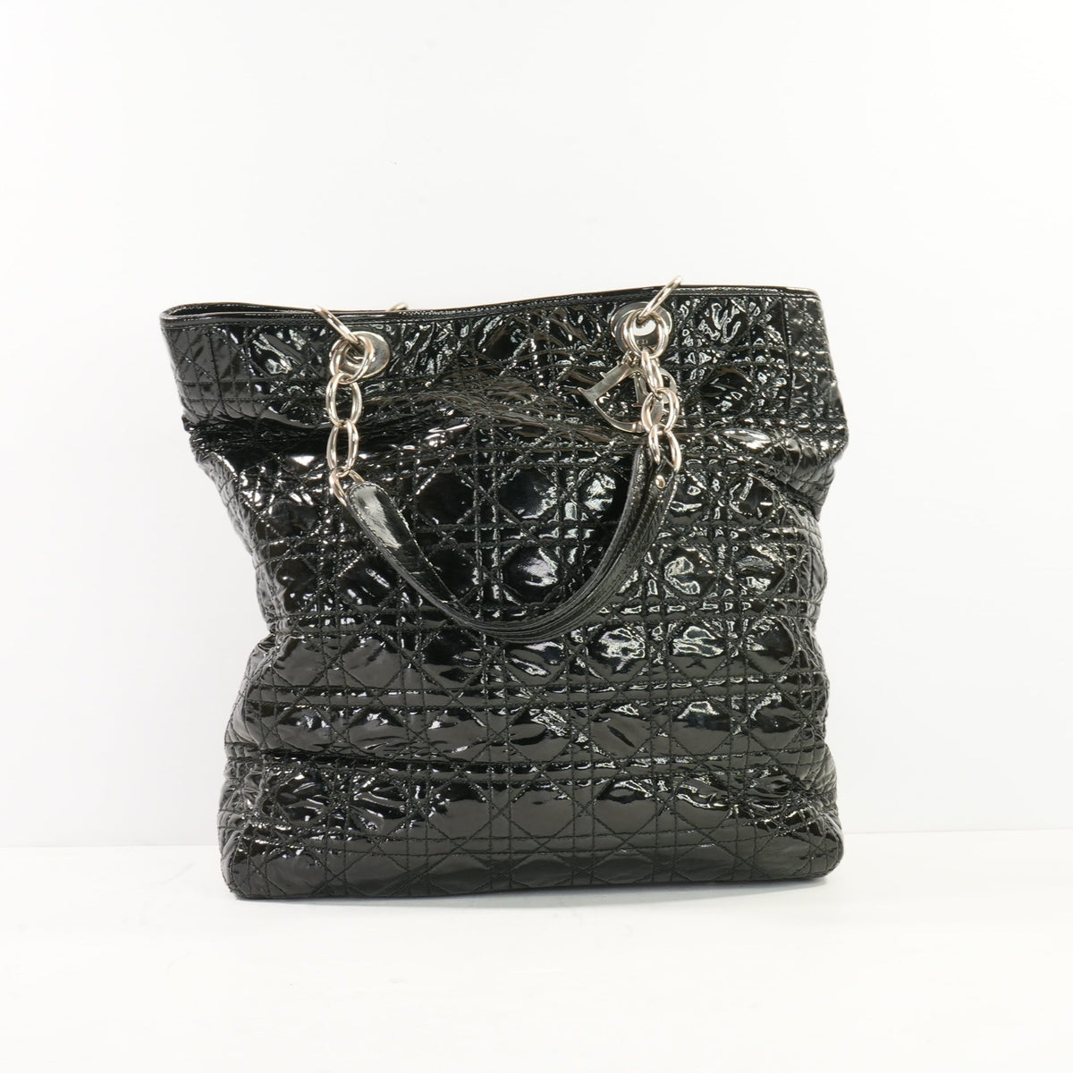 Christian Dior Black Patent Cannage Lady Dior Soft Shopping Tote Bag w/ Silver Hardware