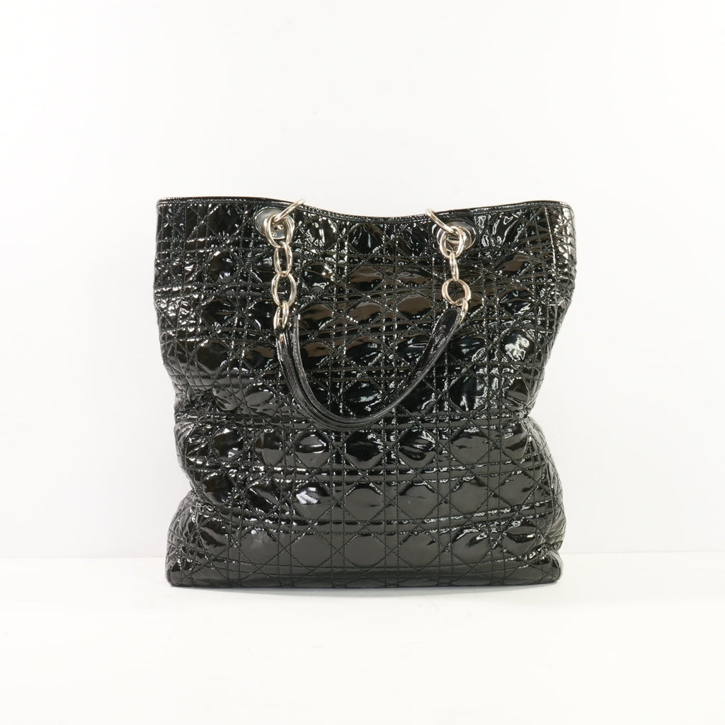 Christian Dior Black Patent Cannage Lady Dior Soft Shopping Tote Bag w/ Silver Hardware