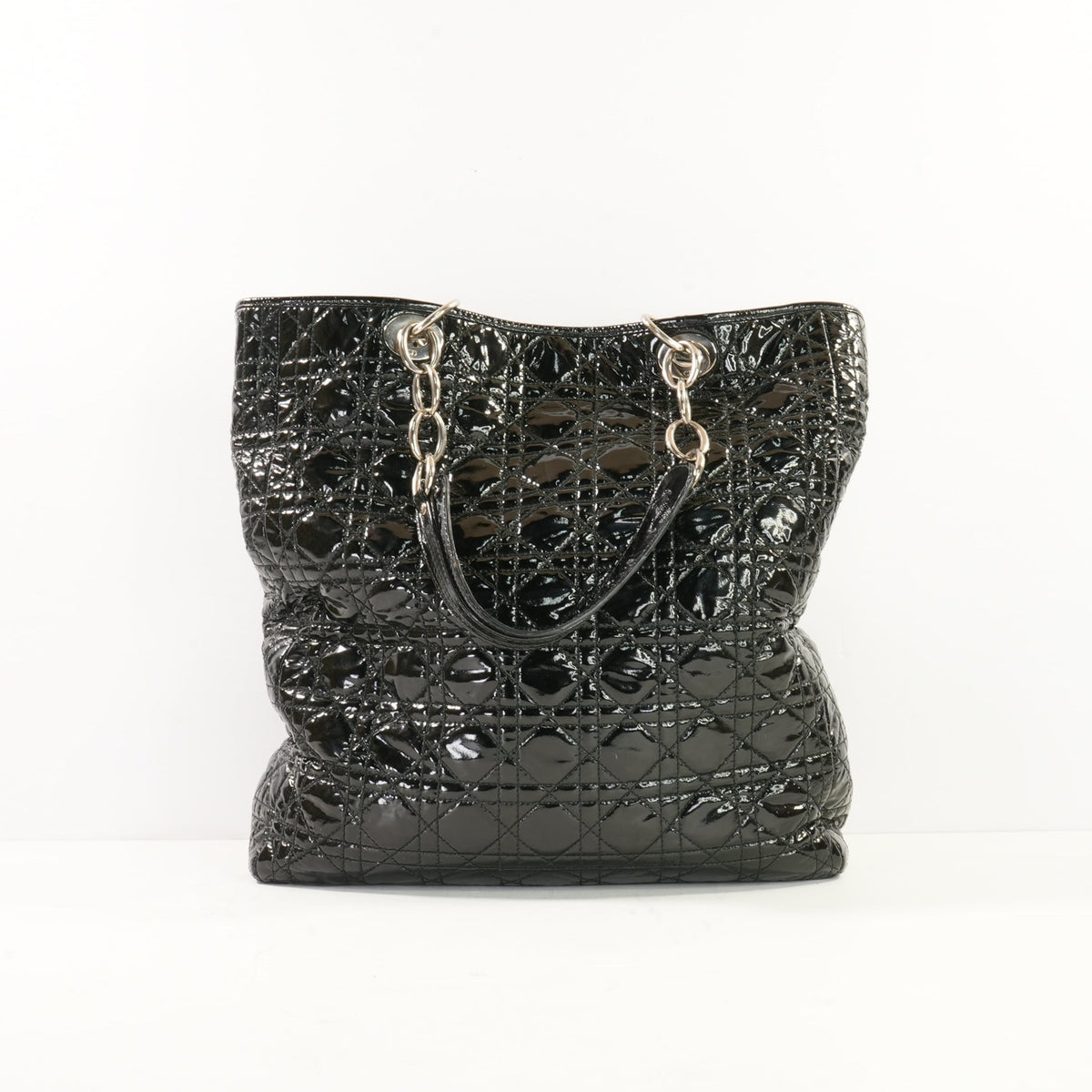 Christian Dior Black Patent Cannage Lady Dior Soft Shopping Tote Bag w/ Silver Hardware