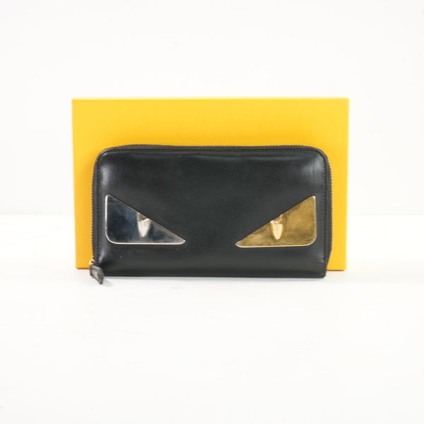 Fendi Monster (Bag Bugs) Around-Zip Long Wallet in Black Leather (Box)