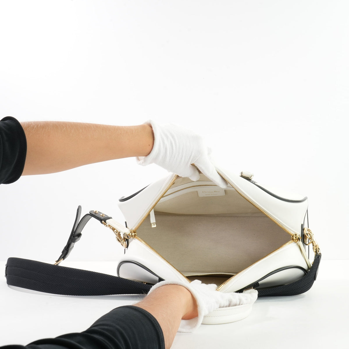 Christian Dior Vibe Bowling Bag in White & Black Leather