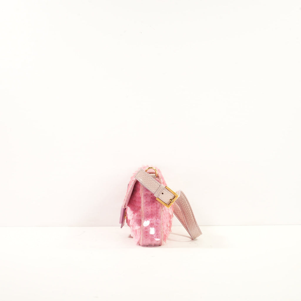 Fendi Pink Sequin Baguette in Pink Iridescent Sequins w/ Snakeskin Trim