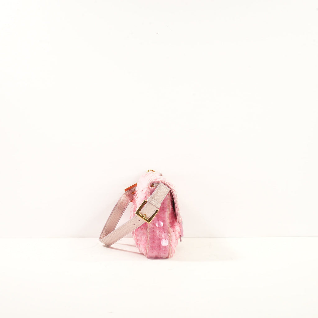 Fendi Pink Sequin Baguette in Pink Iridescent Sequins w/ Snakeskin Trim