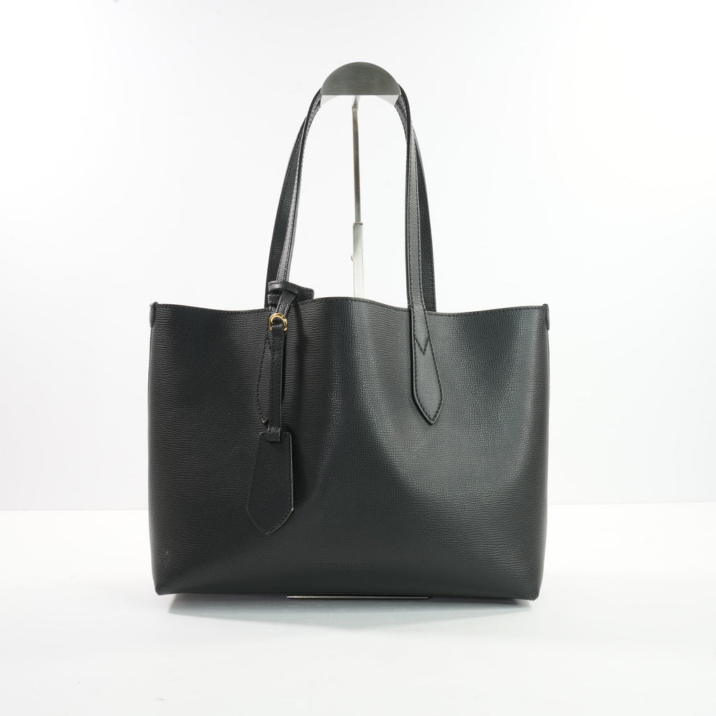 Burberry Black Grainy Calfskin Haymarket Check Reversible Tote