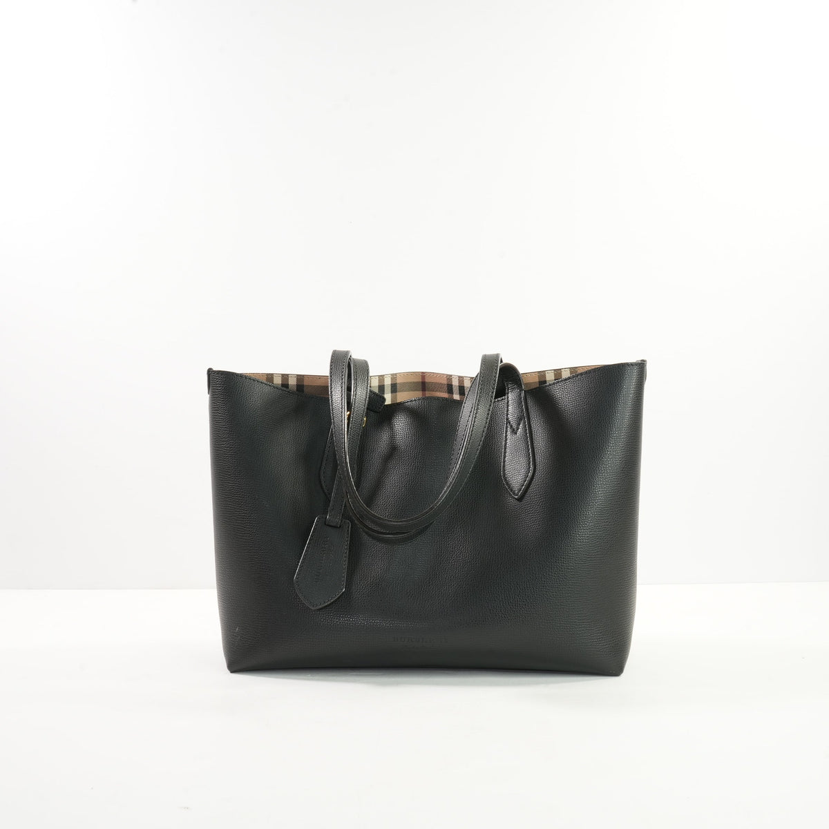 Burberry Black Grainy Calfskin Haymarket Check Reversible Tote