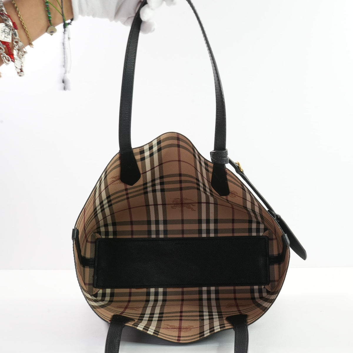 Burberry Black Grainy Calfskin Haymarket Check Reversible Tote